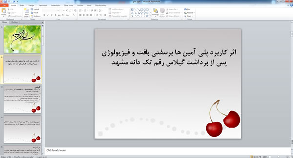 پاورپوینت اثر کاربرد پلی آمین ها برسفتی بافت و فیزیولوژی پس از برداشت گیلاس رقم تک دانه مشهد ( 21 اسلاید )